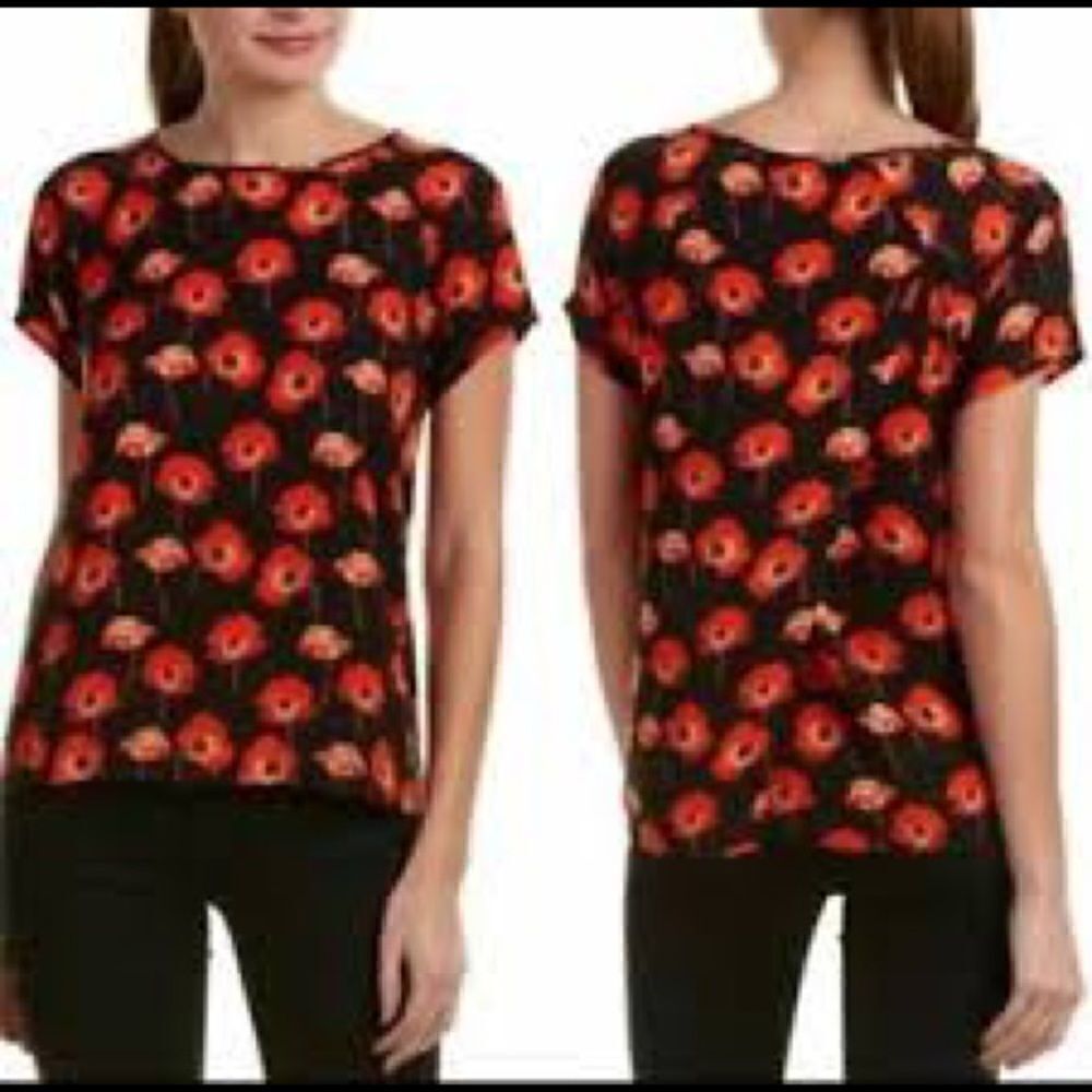 CAbi Flanders Navy & Red Poppy Split Back Blouse